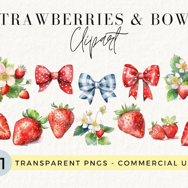 Strawberry and Bows Clipart, Commercial use for Baby Shower Games, Berry First Birthday, Berry Sweet, Transparent PNG, 010SS