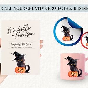 May include: A wedding invitation with a black cat wearing a witch's hat and sitting on a jack-o'-lantern. The invitation says "Michelle + Harrison" and "Saturday 10th June".