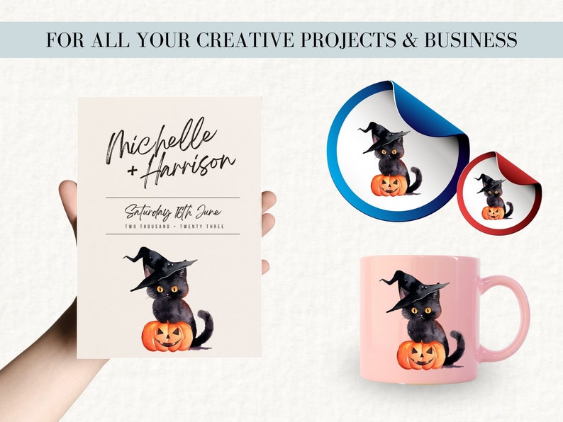 May include: A wedding invitation with a black cat wearing a witch's hat and sitting on a jack-o'-lantern. The invitation says "Michelle + Harrison" and "Saturday 10th June".
