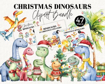 Kerst dinosaurus clipartbundel, aquarel illustraties, commercieel gebruik voor kerstversieringen, cadeaukaartje, afdrukbaar, ik geloof in, 044SS