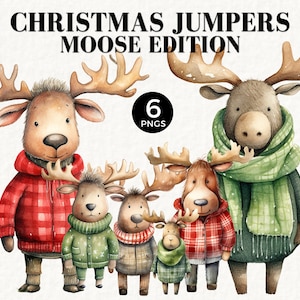 Animale del bosco di Natale, alce, brutto maglione di Natale, vacanze invernali dell'acquerello PNG, divertente clipart di Natale, uso commerciale, 044SS