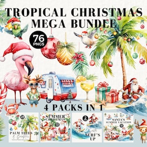 Tropisch strand kerst clipart megabundel, xmas png, surfen kerstman, palmboom aquarel, in juli, kerstbal, zomer, commercieel gebruik, 054SS