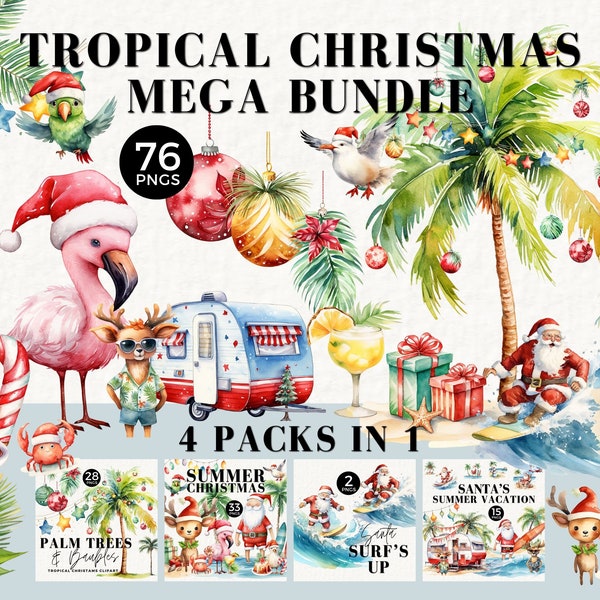 Tropical Beach Christmas Clipart Mega Bundle, Noël PNG, Surf Santa, Palm Tree Aquarelle, en juillet, Bauble, Été, Utilisation commerciale, 054SS