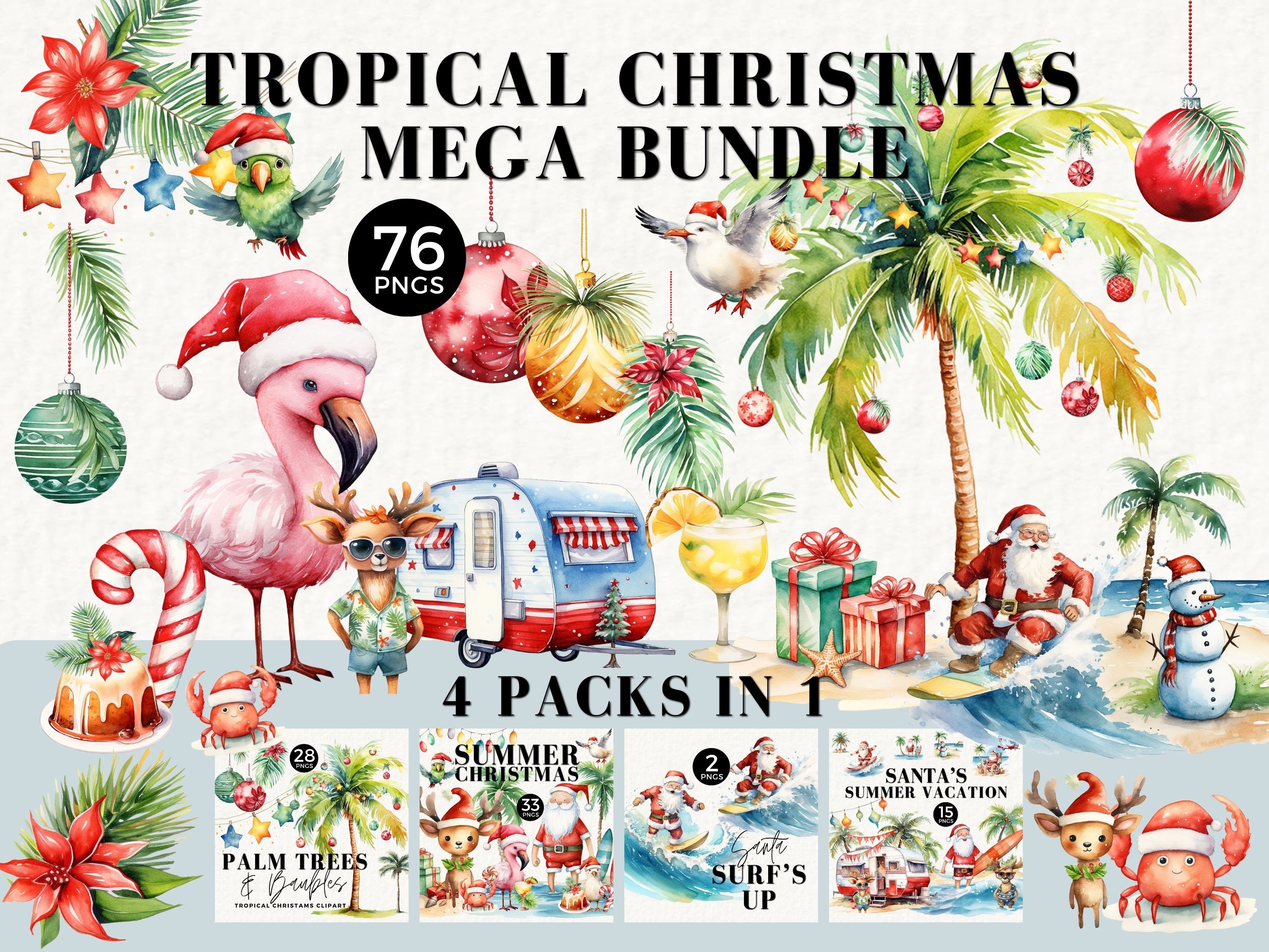 Tropical Beach Christmas Clipart Mega Bundle, Xmas PNG, Surfing Santa, Palm Tree Watercolor, in July, Bauble, Summer, Commercial Use, 054SS