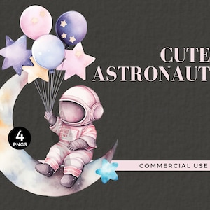 Clipart de pequeno astronauta, rosa, menina, aquarela, astronauta, para decalque de parede de astronauta, arte de parede de berçário com tema espacial, uso comercial, 032SS