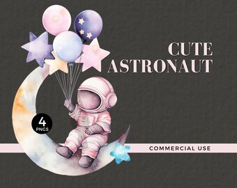 Little Astronaut Clipart, Pink, Girl, Watercolor, Spaceman, for Astronaut Wall Decal, Space Themed Nursery Wall Art, Commercial Use, 032SS