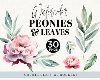 Peony Floral Border Set, Watercolor Flowers, Dusty Pink, Digital Clipart PNG, Floral Graphic, Wedding Stationery Clipart, Baby Shower, 025SS