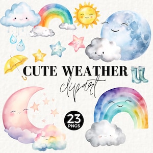 Clipart de lua e nuvens, arco-íris e sol, PNG de sol fofo, primeira viagem, clima Kawaii, aquarela pastel, chuvas de abril, 070SS