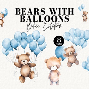 Baby Boy Teddy Bear Clipart, Blue Balloons, Cute Teddy Graphics, Transparent PNGs, Baby Shower Decor, Nursery Decor, Commercial Use, 051SS