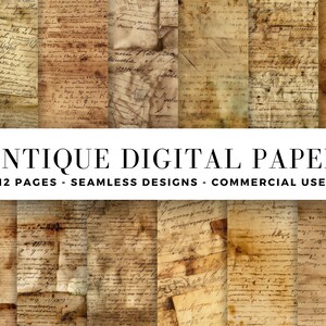 May include: A selection of antique digital paper sheets featuring handwritten script and aged textures. The papers are in shades of brown and beige, with visible folds and stains. The text "ANTIQUE DIGITAL PAPER" is displayed above the papers.