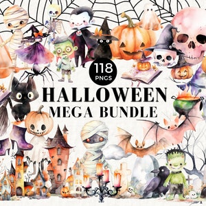 Cute Halloween Clipart Mega Bundle Commercial Use, Clip Art, Black Cat, Bats, Cute Halloween Graphics Set, Ghost, Witch, Black Cat,  029SS