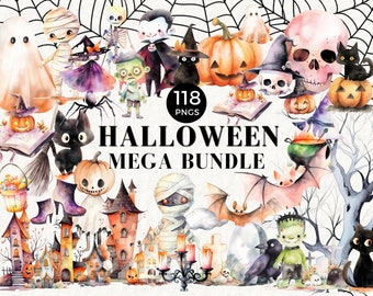 Cute Halloween Clipart Mega Bundle Commercial Use, Clip Art, Black Cat, Bats, Cute Halloween Graphics Set, Ghost, Witch, Black Cat,  029SS