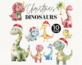 Christmas Dinosaur Clipart, Cute PNG, Wrapped Xmas Lights, Watercolor Dino, Commercial Use for Ornaments, Gift Tag, Advent Printable, 044SS