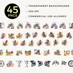May include: A set of 45 watercolor illustrations of motocross riders, helmets, trophies, and checkered flags. The illustrations are on a transparent background and are 300 DPI. Commercial use is allowed.
