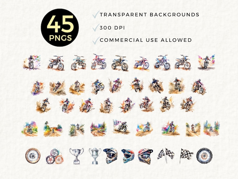 May include: A set of 45 watercolor illustrations of motocross riders, helmets, trophies, and checkered flags. The illustrations are on a transparent background and are 300 DPI. Commercial use is allowed.