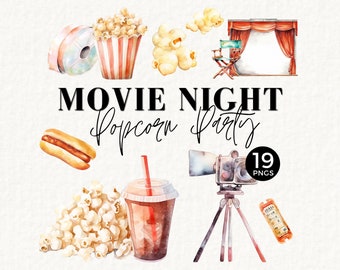 Popcorn Movie Night Clipart, Poppin, Cinema PNG, Hollywood, Commercial Use, Movie Ticket Clipart, Hot Dog, Soda, Movie Birthday Theme, 050SS