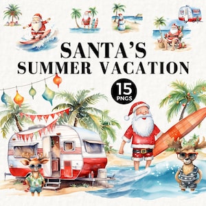 Clipart di Babbo Natale sulla spiaggia, Natale a luglio, Estate, Natale tropicale PNG, Camper, Luce fata, Pupazzo di neve sulla spiaggia, Surf, Uso commerciale, 054SS