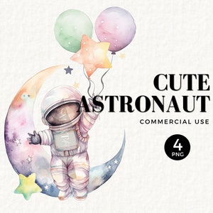 Astronaut Aquarell Clipart, kleiner Astronaut, niedlicher Raumfahrer, Weltraum Aquarell PNG, Kinderzimmer-Wandtattoo, Weltraum-Geburtstags-Einladung, 032SS