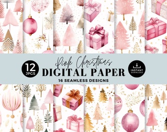 Pink Christmas Digital Papers, Seamless, Retro Xmas, Christmas Tree Pattern, Pastel, Background, JPG, Paper Crafts, Junk Journal, 045SS