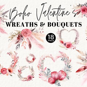Clipart e buquês de guirlanda de coração de dia dos namorados, arranjo floral Boho, casamento rosa e vermelho, PNG do dia V, aquarela PNG, uso comercial, 060SS