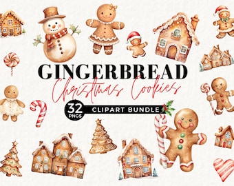 May include: A set of 32 watercolor gingerbread Christmas cookie clipart images. The set includes gingerbread people, houses, candy canes, and Christmas trees. The images are perfect for creating holiday cards, invitations, and other crafts.