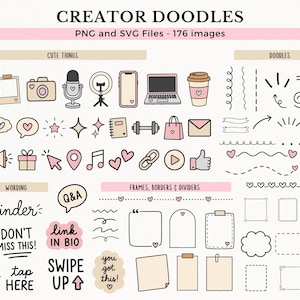 May include: A digital collection titled CREATOR DOODLES containing 176 PNG and SVG images. The set features hand-drawn icons including a camera, laptop, coffee cup, microphone, hearts, arrows, speech bubbles, frames, borders, and text like REMINDER.
