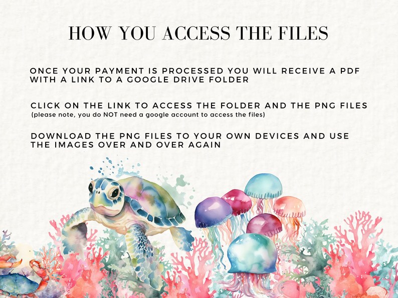 May include: A watercolor illustration of a sea turtle swimming through coral reefs with jellyfish. The text reads "How You Access The Files" and explains that after purchase, a PDF with a link to a Google Drive folder will be sent. The buyer can access the PNG files in the folder without a Google account.