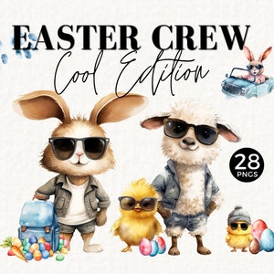 Clipart de Pâques pour garçons, Cool Gang PNG, lapin drôle, animaux avec des lunettes de soleil Illustration, Pâques moderne, préadolescents et adolescents, denim, 062SS
