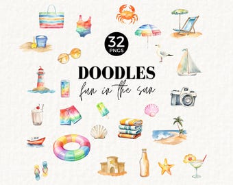 Summer Doodle Clipart, Beach Chair and Umbrella, Water color PNG, Commercial Use, Sublimation, Pool Party, Vacation, Beach Holiday, 084SS