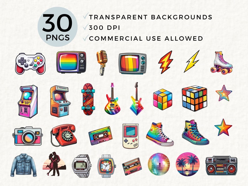 80S Clipart, Old School PNG, Retro 1980s Graphics, 80s Birthday Theme, Game Console, Cassette Mix Tape, Sublimation, Commercial Use 046SS image 2