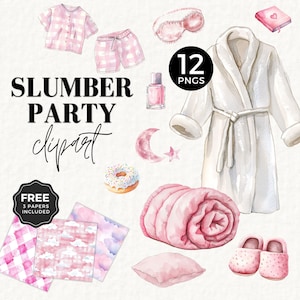 Clipart d'invitation à une soirée spa et pyjama, rose, 11e anniversaire sommeil, thème, dorloter, robe de chambre, chaussons, pyjamas, papier sans couture, 069SS