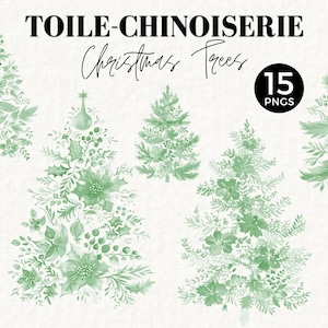 Clipart Bożonarodzeniowy Toile, Zielona Chinoiserie Choinka, Ilustracja Tagu, Vintage French Toile De Jouy, Grafika Ephemera Junk Journal, 077SS