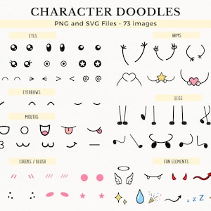 Söta Kawaii Doodles Ansikten för Karaktärsskapande, Handskrivna Doodle Stil, Ögon Armar Ben, Sträckfigurslinje Doodles, Kommersiellt Bruk, 092SS