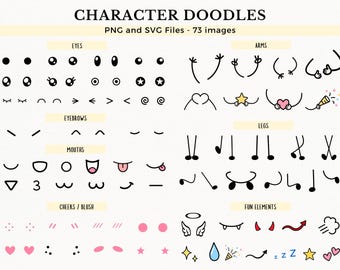 Cute Kawaii Doodles Faces for Character Creation, Handwritten Doodle Style, Eyes Arms Legs, Stick Figure Line Doodles, Commercial Use, 092SS