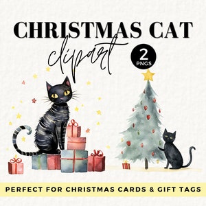 Clipart de chat de Noël, conception de T-shirt drôle de chat, chaton d'arbre de Noël, chat noir, miaous éphémères de Noël, étiquette de cadeau d'amant de chat, 044SS