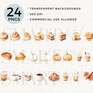 May include: 24 watercolour illustrations of autumn-themed food and drinks, including pumpkin spice lattes, cinnamon rolls, pumpkin pies, and autumn-coloured cakes. The illustrations are on a white background.