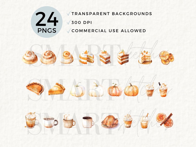 May include: 24 watercolour illustrations of autumn-themed food and drinks, including pumpkin spice lattes, cinnamon rolls, pumpkin pies, and autumn-coloured cakes. The illustrations are on a white background.