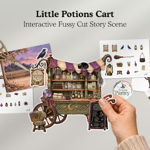 Puede incluir: Un kit de escena interactiva Little Potions Cart para recortar, con hojas impresas que incluyen un carro en miniatura, frascos de pociones, un gato negro, una escoba y un letrero que dice The Wandering Witch & Co. Incluye tijeras y pegamento.