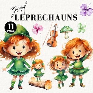 Peut inclure: Un ensemble de 11 illustrations numériques de lutins filles. Les illustrations sont dans un style aquarelle et présentent une variété de poses et d'expressions. Les lutins portent des vêtements verts et ont les cheveux roux. L'ensemble comprend également un violon, un champignon et des trèfles.