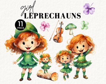 Mädchen Kobold Clipart, St patricks Tag PNG, Geige, Regenbogen vierblättriges Kleeblatt, Irisches Kleeblatt, niedliche Anhänger Illustration, druckbar, 063SS