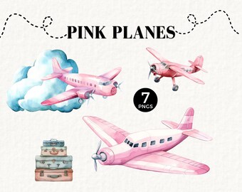 Pink Aviation Clipart, Cute Vintage Watercolor Plane, Girl Baby Shower, Nursery Wall Art, Flying, Toy Airplane PNG, Pilot, Clouds 067SS