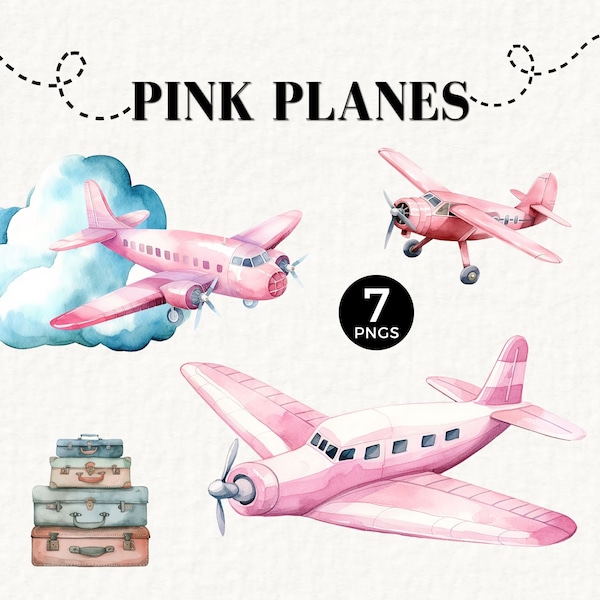 Pink Aviation Clipart, Cute Vintage Watercolor Plane, Girl Baby Shower, Nursery Wall Art, Flying, Toy Airplane PNG, Pilot, Clouds 067SS