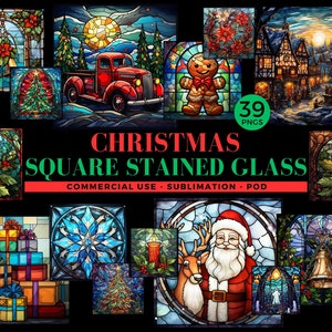 Christmas Stained Glass Clipart, Square Tumbler Wrap, Christmas Santa PNG, Christmas Tree, Digital Crafts Designs, Commercial Use, 049SS
