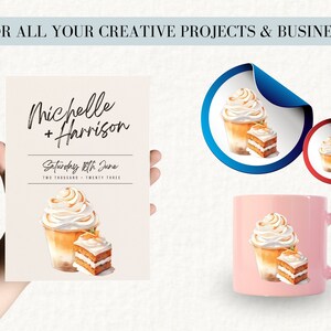 May include: A wedding invitation featuring a watercolour illustration of a coffee drink topped with whipped cream and a slice of cake. The invitation reads "Michelle + Harrison" and "Saturday 18th June Two Thousand Twenty Three".