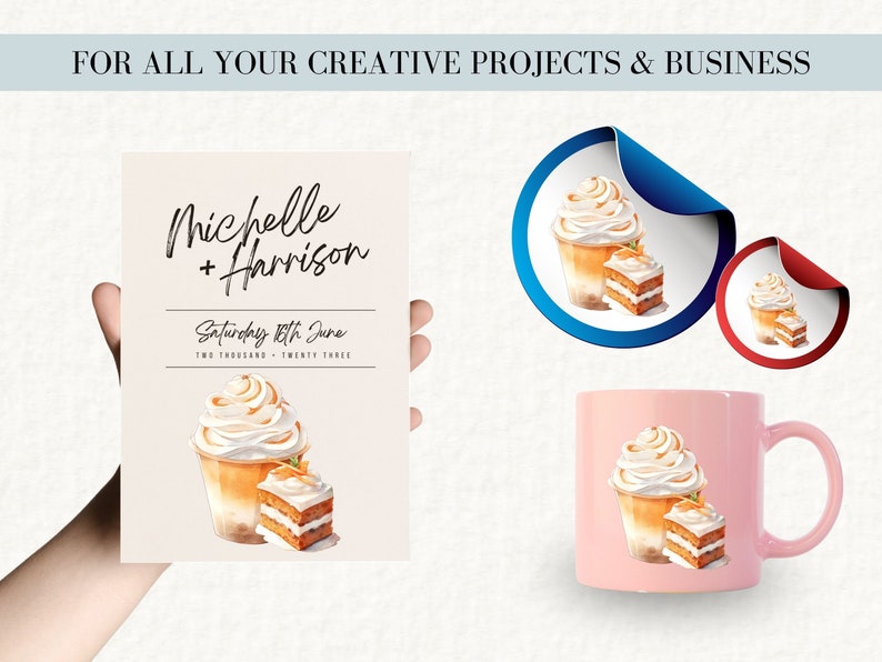 May include: A wedding invitation featuring a watercolour illustration of a coffee drink topped with whipped cream and a slice of cake. The invitation reads "Michelle + Harrison" and "Saturday 18th June Two Thousand Twenty Three".