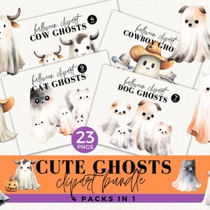 Halloween Ghost Bundle, Ghost Cats, Ghost Dogs, Cow Ghost Clipart, Cowboy, Sweater POD, Sublimation, Cute Halloween PNG, 029SS