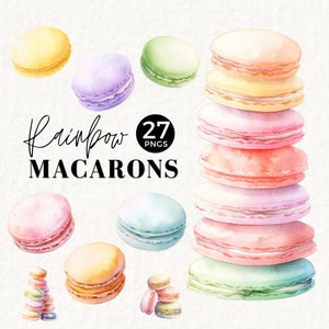 Watercolor Macaron Clipart, Pastels and Rainbow Colors, Transparent PNGs, French Bakery Clipart, Macaron Baby Shower, Two Sweet, 037SS