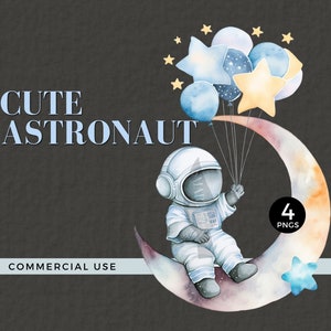 Kleiner Astronaut Clipart, blau, Aquarell, Raumfahrer, Ballons, für Astronauten Wandtattoo, Geburtstagsparty unter dem Motto Weltraum, kommerzielle Nutzung, 032SS