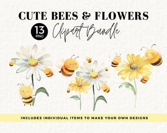 Bundle de cliparts marguerite et abeille, 3 graphiques, décoration de chambre d'enfant, aquarelle de bourdons mignons, clipart abeille imprimable, art mural, usage commercial, 034SS