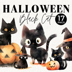 May include: A set of 17 digital illustrations of black cats in watercolor style. The cats are depicted in various poses, some wearing witch hats, and some holding pumpkins. The text "Halloween Black Cat" is written at the top of the image.